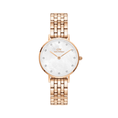 Petite Lumine 5 Link Melrose White MoP Rose Gold watch featuring a round white mother of pearl dial with crystal hour markers and a slim rose gold five-link bracelet.