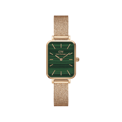 Rectangular ladies watch with a green malachite-style dial and rose gold mesh strap, Daniel Wellington Quadro Pressed Melrose.
