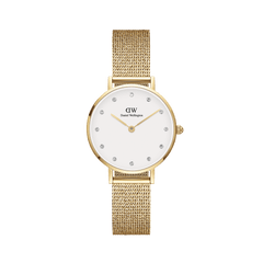 Petite Lumine Pressed Evergold women’s watch with gold mesh strap, white dial, and crystal hour markers by Daniel Wellington.