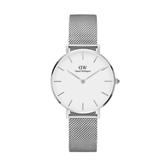 Petite Sterling women’s watch with silver mesh strap, minimalist eggshell white dial and polished silver hour markers.