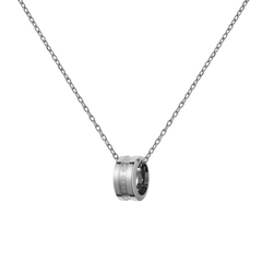 Polished silver ring pendant necklace with engraved detailing, suspended from a delicate adjustable chain.