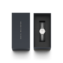 Petite Pressed Sterling women’s silver watch with mesh strap presented in a sleek Daniel Wellington gift box.