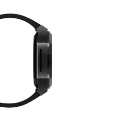 Side profile of the Switch Black Black Daniel Wellington Apple Watch case, highlighting its slim brushed stainless steel frame and integrated black rubber strap.