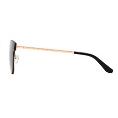 Side profile of the Ambler Steel Rose Gold sunglasses showing the slim rose gold stainless steel arm with subtle branding and black acetate temple tip.