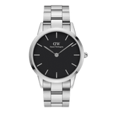 Daniel Wellington Iconic Link Silver watch with black dial and stainless steel bracelet, minimalist twelve-index design.