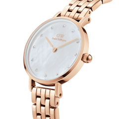 Petite Lumine 5 Link Melrose White MoP Rose Gold watch with a white mother of pearl dial, crystal hour markers, and a polished rose gold five-link bracelet.