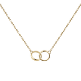Gold necklace featuring two interlocking rings on a delicate chain, symbolising unity and elegance.