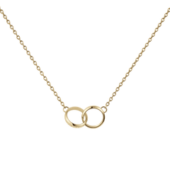 Gold necklace featuring two interlocking rings on a delicate chain, symbolising unity and elegance.