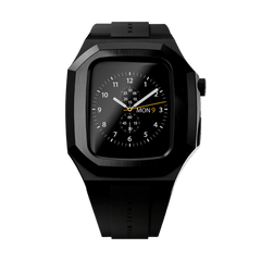 Switch Black Black Daniel Wellington Apple Watch case with a deep black stainless steel frame and black rubber strap, shown fitted to an Apple Watch displaying an analogue watch face.