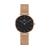 Daniel Wellington Petite Melrose women’s watch with black dial, rose gold mesh strap, and minimalist hour markers.