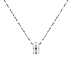 Minimalist silver necklace with a polished chain and a satin white enamel ring pendant featuring subtle engraved branding.