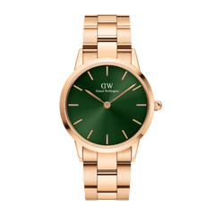 Daniel Wellington Iconic Link Emerald Green Rose Gold watch featuring a round emerald green dial, minimalist hour markers, and a polished rose gold link bracelet.