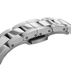 Detail of Daniel Wellington Iconic Link Silver watch bracelet, showing polished stainless steel three-piece link design.