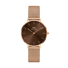 Rose gold Petite Amber women’s watch with a 28mm case, amber brown sunray dial, and a polished mesh strap.