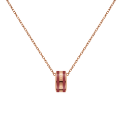 Delicate rose gold necklace featuring an adjustable chain and a barrel pendant with cherry blush enamel and engraved detailing.