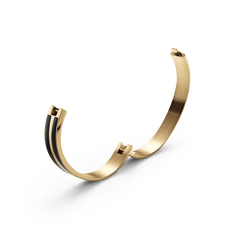 Open Emalie Infinite Gold Black bracelet showing its concealed clasp, polished gold interior, and two sleek black enamel ribbons along the outer edge.