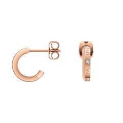 Classic Lumine Rose Gold earrings in a half-hoop design, featuring a polished rose gold finish, sparkling crystals, and engraved Daniel Wellington branding.