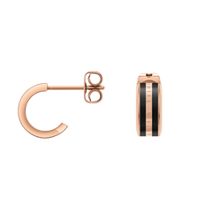 Emalie Earrings in rose gold and black enamel, featuring a bold central stripe and Daniel Wellington branding on small hoop studs.