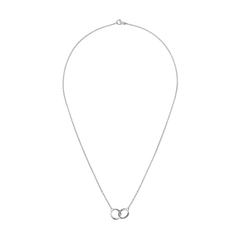 Elan Unity Necklace Silver featuring two interlocking polished rings on a fine 44 cm silver chain, designed in a minimalist style.