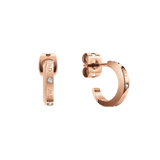 Pair of small rose gold half-hoop earrings with crystal accents and engraved Daniel Wellington logotype, shown from front and side angles.