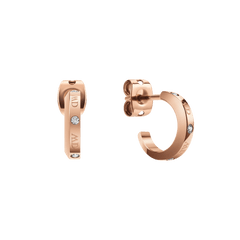 Pair of small rose gold half-hoop earrings with crystal accents and engraved Daniel Wellington logotype, shown from front and side angles.