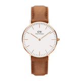 Classic Durham Rose Gold watch with a minimalist white dial, slim rose gold case, and a light brown leather strap featuring subtle natural variations.