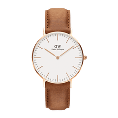 Classic Durham Rose Gold watch with a minimalist white dial, slim rose gold case, and a light brown leather strap featuring subtle natural variations.