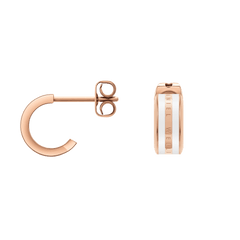 Pair of Emalie rose gold hoop earrings with satin white enamel inlay and Daniel Wellington logo engraving, shown with butterfly back fastening.