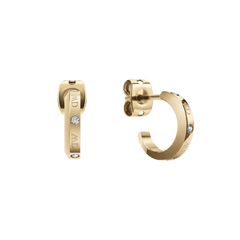 Classic Lumine Gold earrings in a petite hoop design, finished in polished gold with four sparkling crystals and subtle logotype etching along the outer edge.