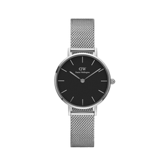 Petite Sterling women’s watch with black minimalist dial, slim silver hands, and stainless steel mesh strap by Daniel Wellington.