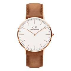Classic Durham Rose Gold watch featuring a minimalist eggshell white dial, slim rose gold case, and a light brown genuine leather strap with subtle patina detailing.