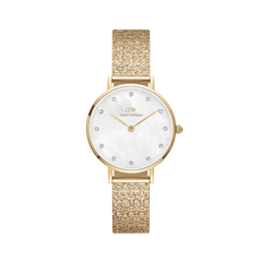 Petite Lumine Pressed Piano Gold women’s watch with gold piano-link strap, white mother of pearl dial, and crystal hour markers.