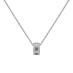Silver Elan Lumine Necklace with a round pendant featuring crystal accents on both sides, elegantly suspended from a fine cable chain.