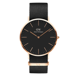 Classic Cornwall Black Rose Gold watch featuring a black dial, slim rose gold hour markers and hands, and a black NATO strap with rose gold detailing.