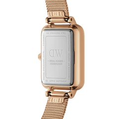Back view of Daniel Wellington Quadro Pressed Melrose Emerald watch with rose gold mesh strap and stainless steel caseback.