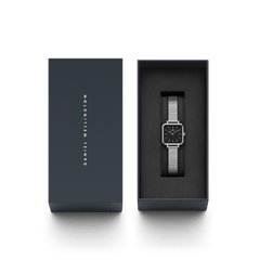 Quadro Studio Silver women’s watch with black dial and silver strap, elegantly presented in a Daniel Wellington gift box.
