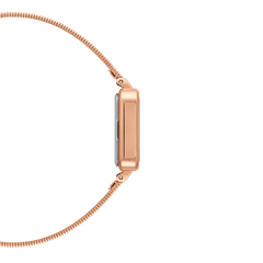 Side profile of the Quadro Studio Emerald Rose Gold watch showing its slim rose gold square case and polished Piano Link strap.