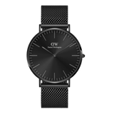 Classic Mesh Onyx Black watch featuring a minimalist black sunray dial, slim hands, and an elegant black stainless steel mesh strap.