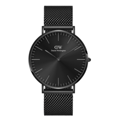 Classic Mesh Onyx Black watch featuring a minimalist black sunray dial, slim hands, and an elegant black stainless steel mesh strap.