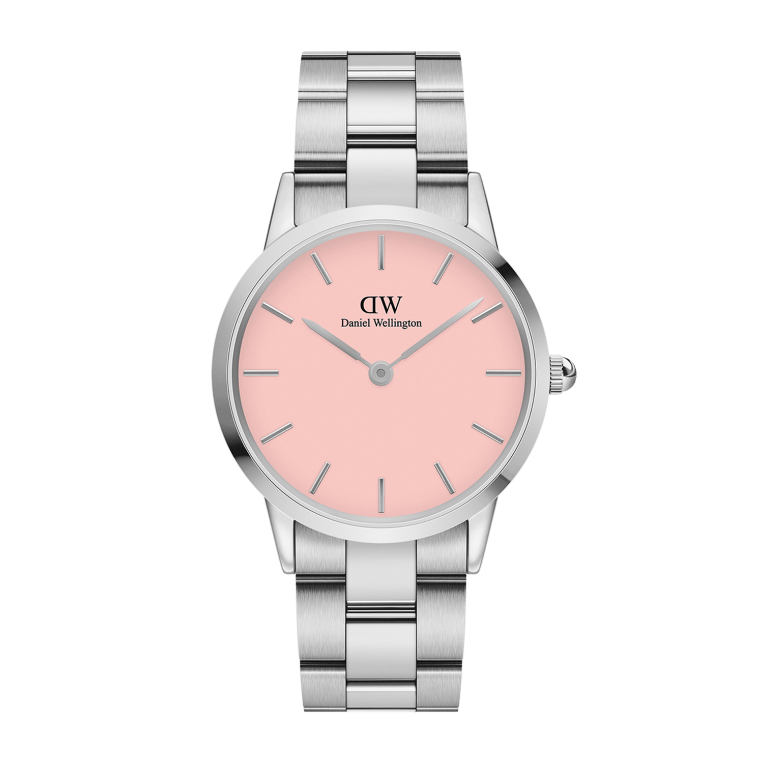 Women's Daniel Wellington Iconic Link Blush watch featuring a pastel pink dial, minimalist silver hour markers, and a polished stainless steel link bracelet.