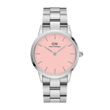 Women's Daniel Wellington Iconic Link Blush watch featuring a pastel pink dial, minimalist silver hour markers, and a polished stainless steel link bracelet.