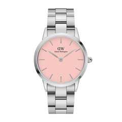 Women's Daniel Wellington Iconic Link Blush watch featuring a pastel pink dial, minimalist silver hour markers, and a polished stainless steel link bracelet.