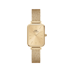 Gold rectangular women’s watch with minimalist dial and pressed mesh strap, featuring a sleek, contemporary design.
