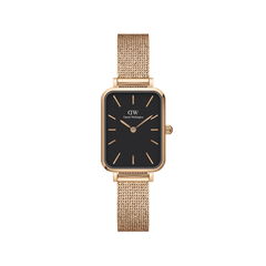 Rectangular rose gold women’s watch with a black dial and a pressed mesh stainless steel strap, featuring minimalist detailing and an elegant, contemporary design.