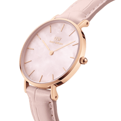Petite Rouge Rose Gold women’s watch with pink mother-of-pearl dial and nude croc-embossed leather strap, elegant design.