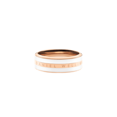 Satin white enamel and rose gold ring with the Daniel Wellington signature engraved, featuring a sleek, modern band design.