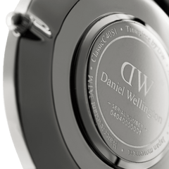 Back of Classic Sheffield Silver watch showing engraved Daniel Wellington logo, water resistance and Japanese movement details.