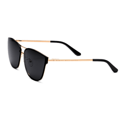 Sleek Ambler Steel Rose Gold sunglasses featuring a rose gold plated stainless steel frame, slim arms with subtle branding, and deep black lenses with black acetate temple tips.