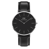 Daniel Wellington Classic Sheffield Black Silver watch with a black minimalist dial, silver case, and smooth black leather strap.