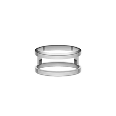 Minimalist silver ring featuring a dual band silhouette with a polished finish and open structure.